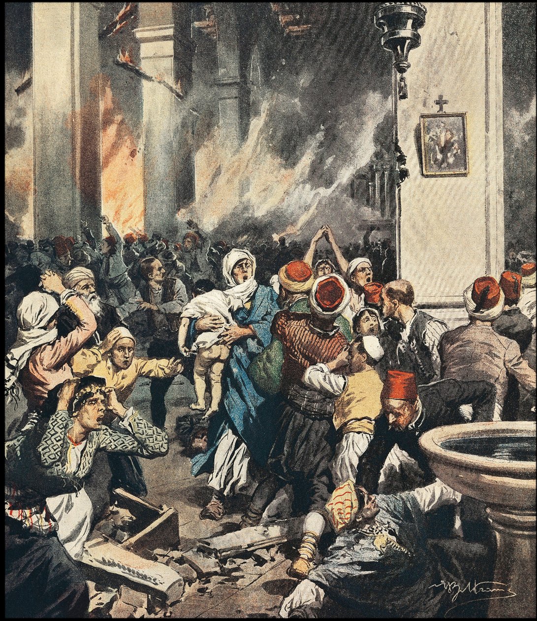 1909年、トルコのアダナで行われたアルメニア人虐殺。1909年5月の「La Domenica del Corriere」に掲載されたアキレス・ベルトラメ（1871-1945）のイラスト。 作： アキレ・ベルトラーメ