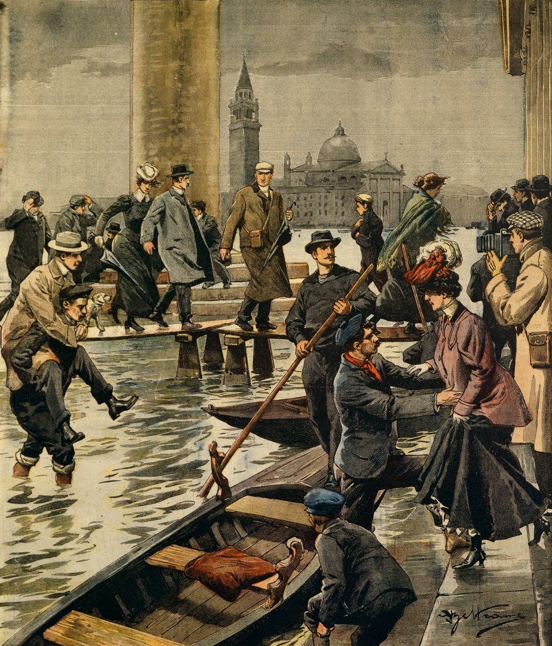 ヴェネツィアのサン・マルコ広場の高潮現象（Achille Beltrame（1871-1945）作、『La Domenica del Corriere』より）。 作： アキレ・ベルトラーメ