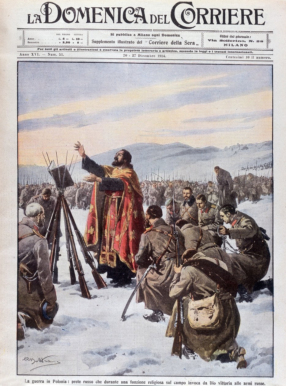 ポーランドでの戦争、戦場でのミサで、ロシア軍を助けるために神を呼び出すロシア人司祭。1914年12月20日から27日までの "La Domenica del Corriere "の一面。 作： アキレ・ベルトラーメ