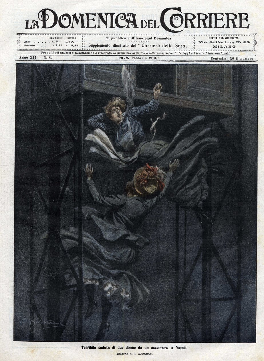1910年、ナポリのエレベーターから2人の女性が落下した。 作： アキレ・ベルトラーメ