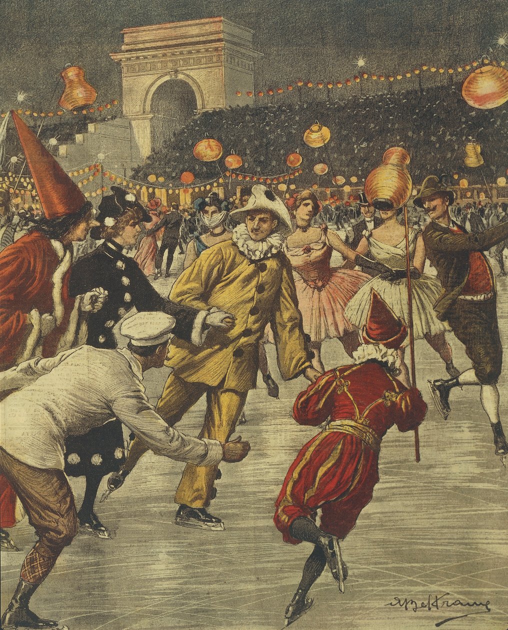 ミラノのアレンの氷上で行われる典型的な仮装パーティー（イラスト：Achille Beltrame、イラストレーター：Achille Beltrame（1871-1945）、「La Domenica del Corriere」より 作： アキレ・ベルトラーメ