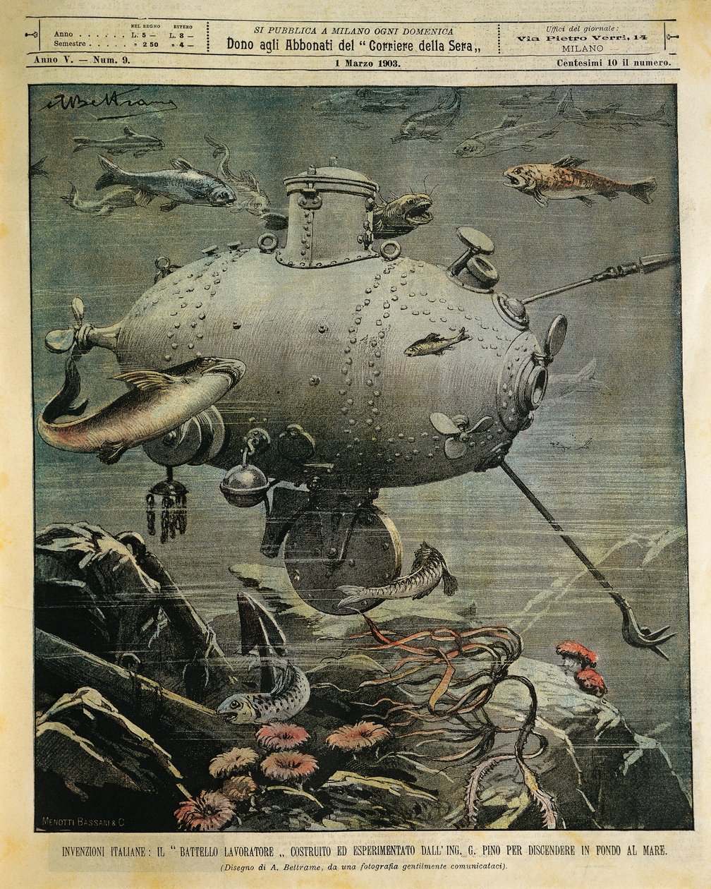 海底を探索するための海中船（Achille Beltrame（1871-1945）のイラスト）（「La Domenica del Corriere」3月1日号より 作： アキレ・ベルトラーメ