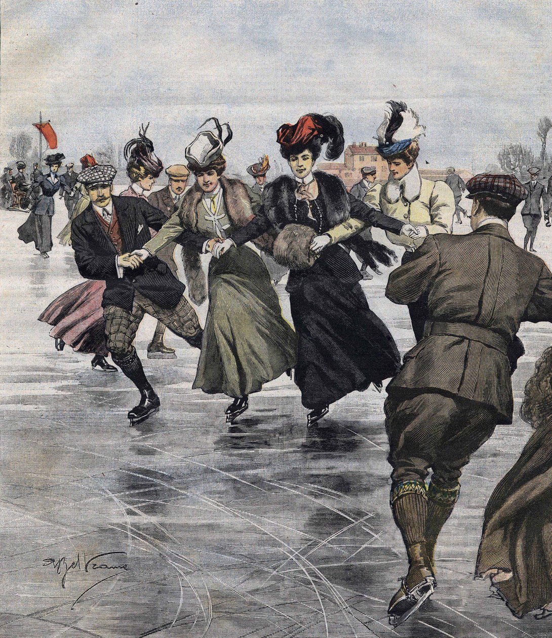 冬の楽しみ。スケーター。1907年、Achille Beltrameによるイラスト。 作： アキレ・ベルトラーメ