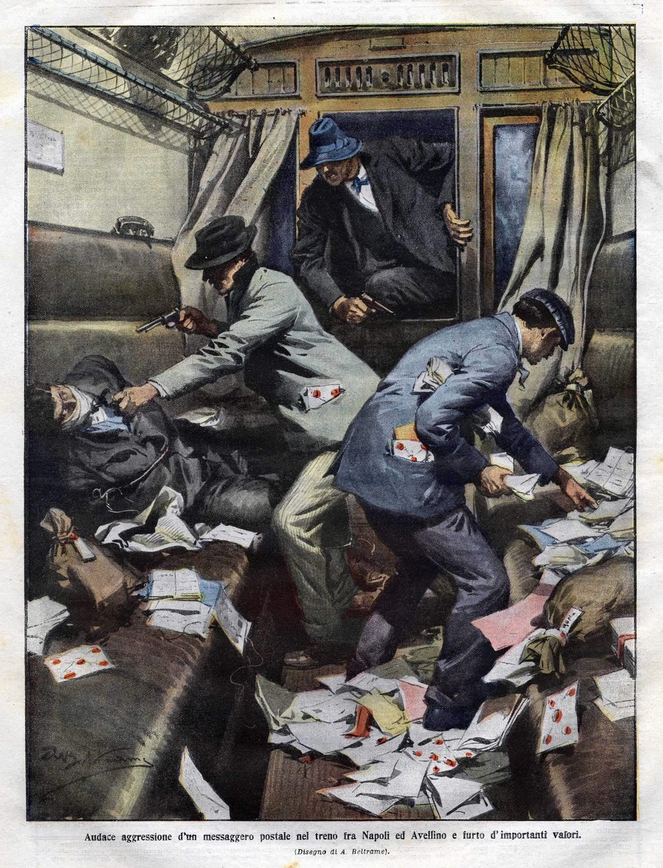 1910年、ナポリとアヴェッリーノを結ぶ郵便列車で突撃する山賊たち。ドメニカ・デル・コリエール」のアキレス・ベルトラメのイラスト。 作： アキレ・ベルトラーメ