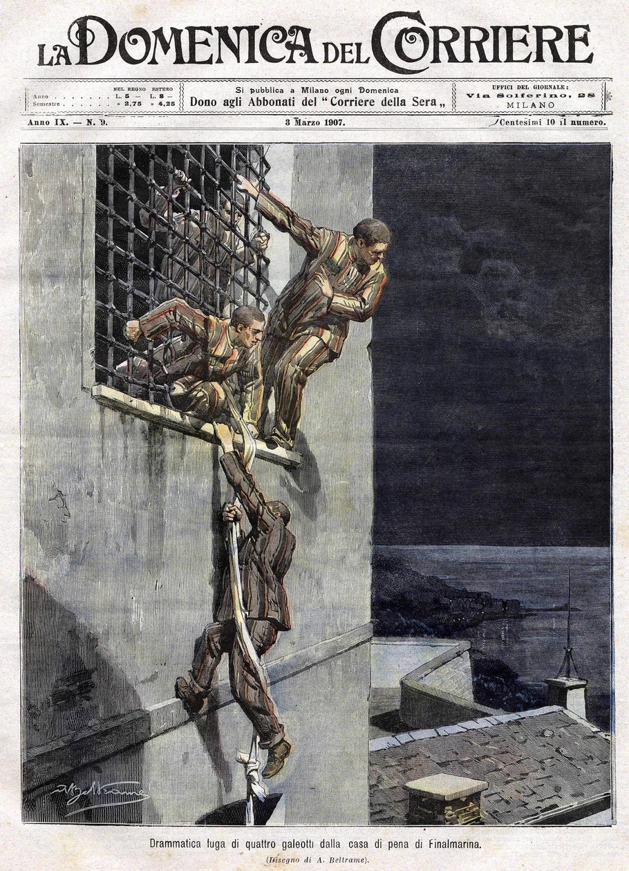 1907年、イタリアのファイナルマリーナ刑務所から3人の囚人が脱走した事件。3月3日付のDomenica del Corriere紙に掲載されたAchille Beltrameのイラストです。 作： アキレ・ベルトラーメ