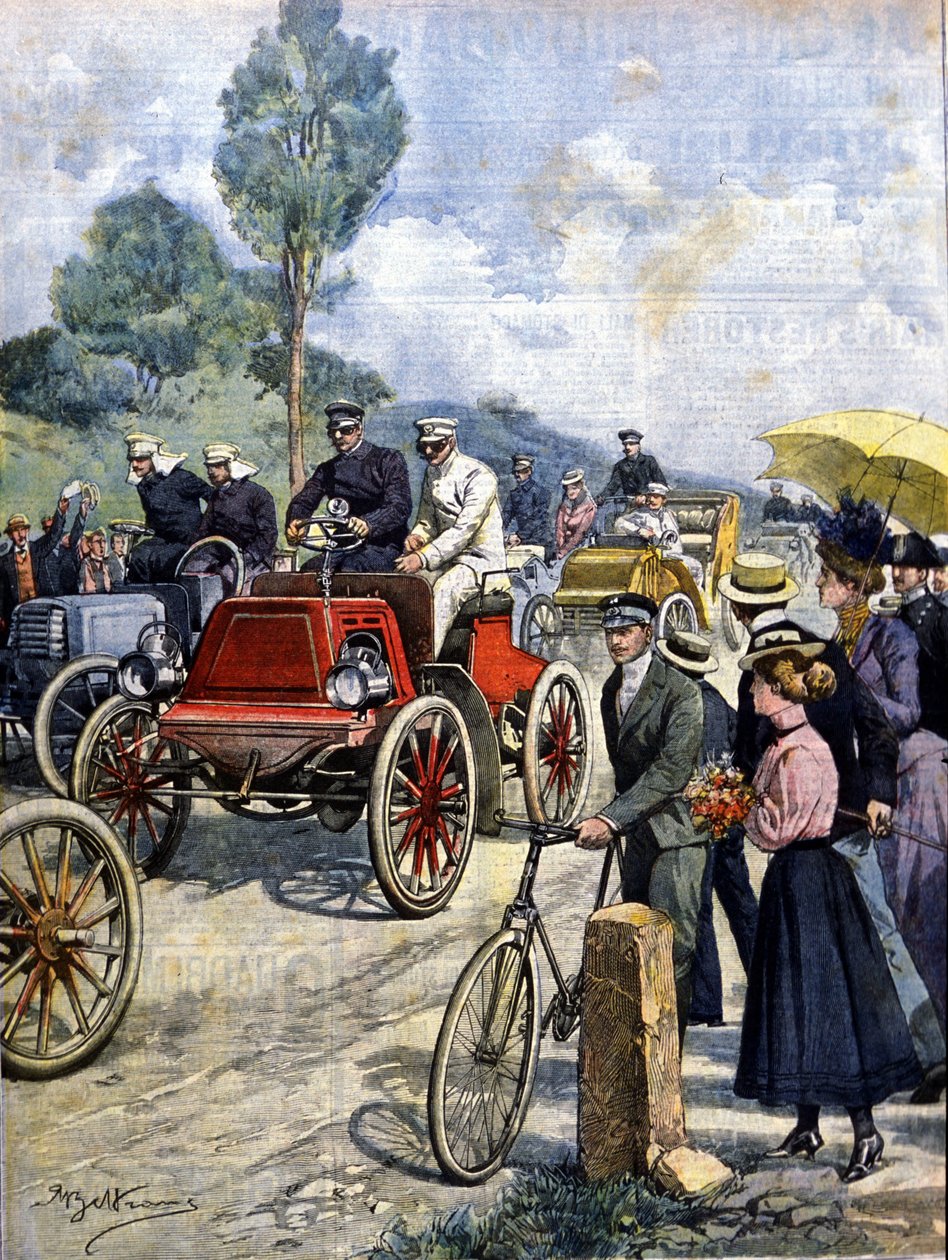 1901年に車でイタリアを一周したときの様子 イラスト：Achilles Beltrame 作： アキレ・ベルトラーメ