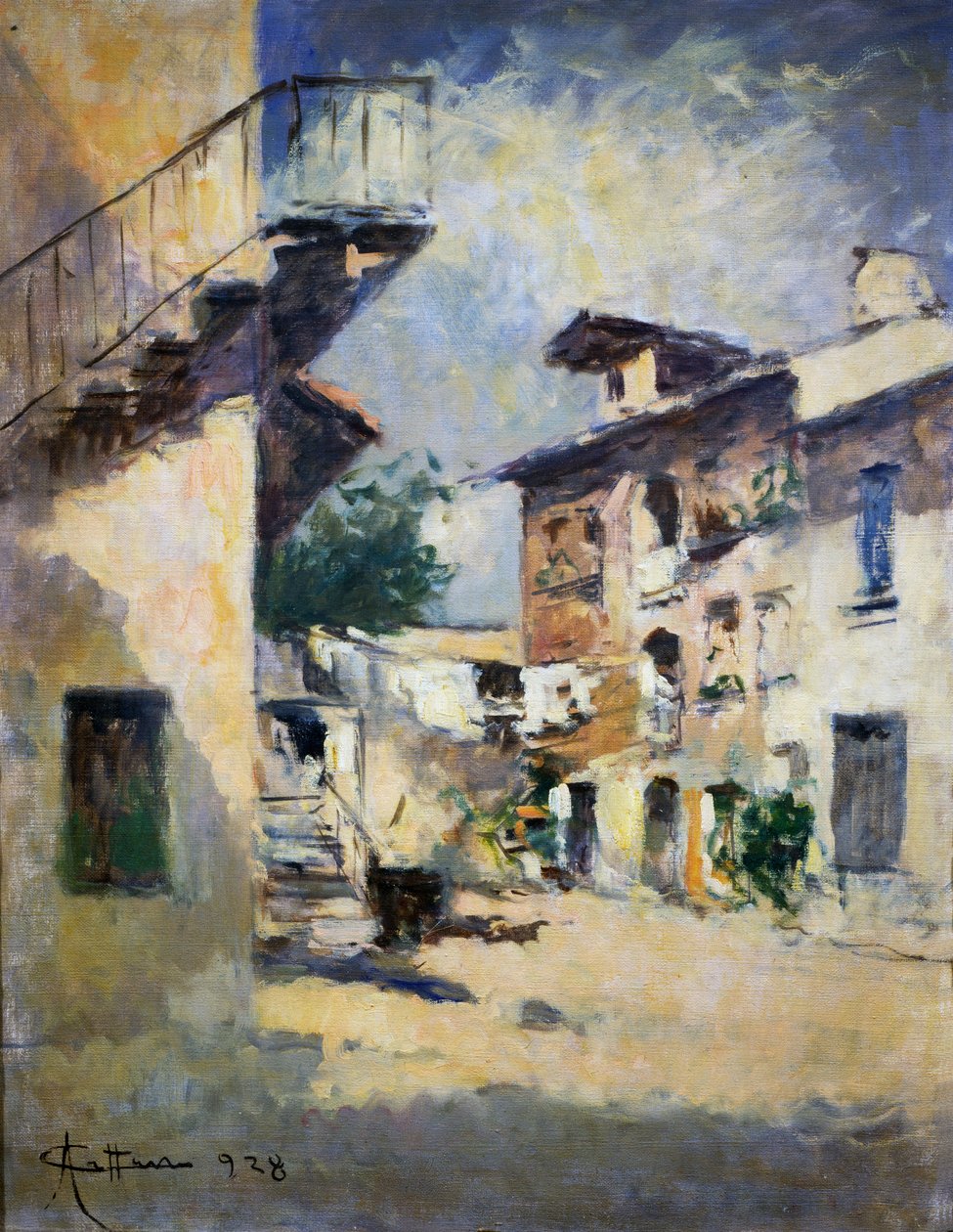 Interior of rustic courtyard, by Achille Cattaneo (1872-1931). Italy, 20th century.   1462876   ja       japanese Successfully Translated  Original: Little Red Riding and the Wolf dressed as her grandmother. Translat: Little Red Riding and the Wolf dressed 作： アキレ・カッタネーオ