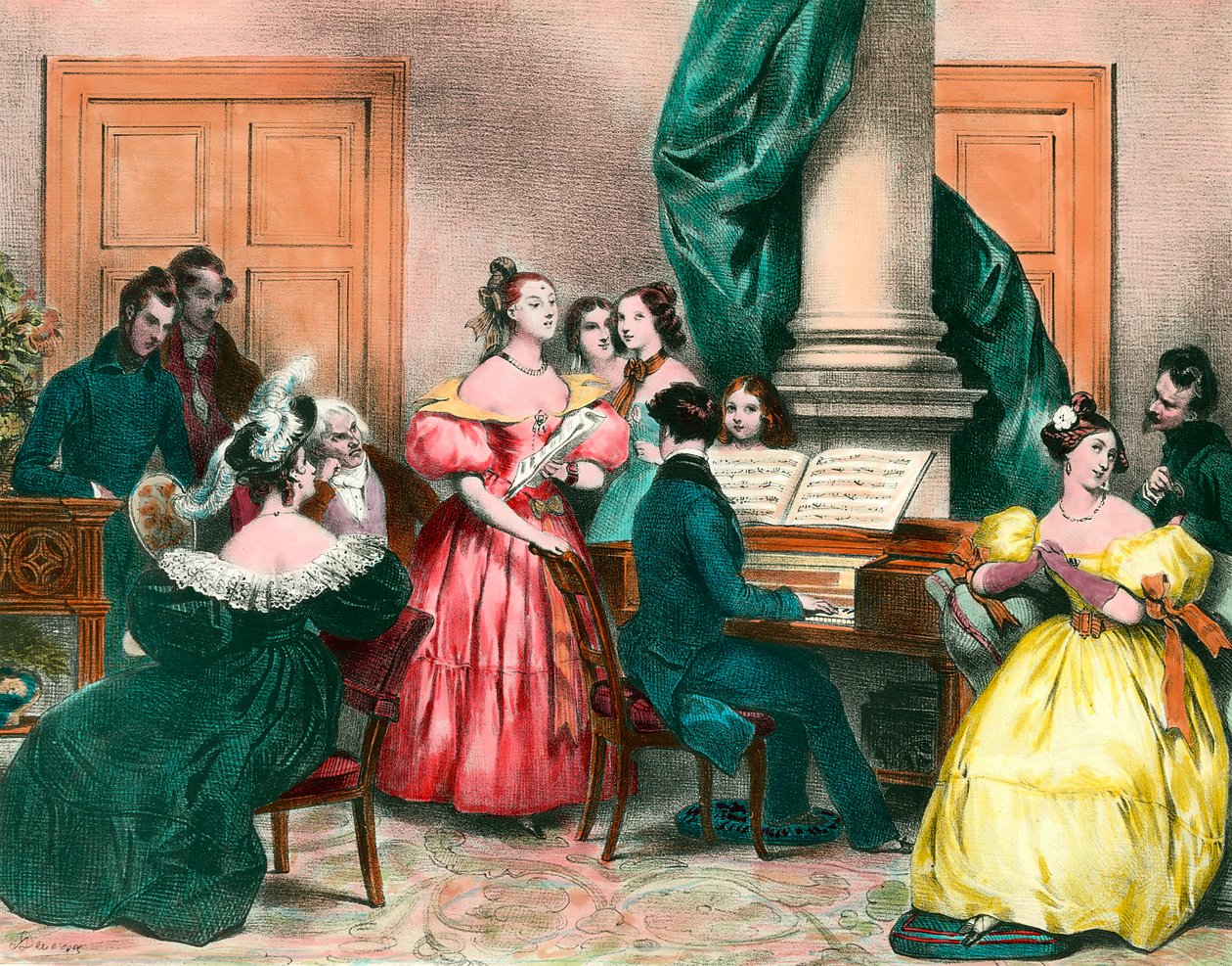 家族で過ごす音楽の午後 Achille Deveria（1800-1857）のエングレーヴィング 19世紀のエングレーヴィング。個人蔵 作： アキレ・デベリア