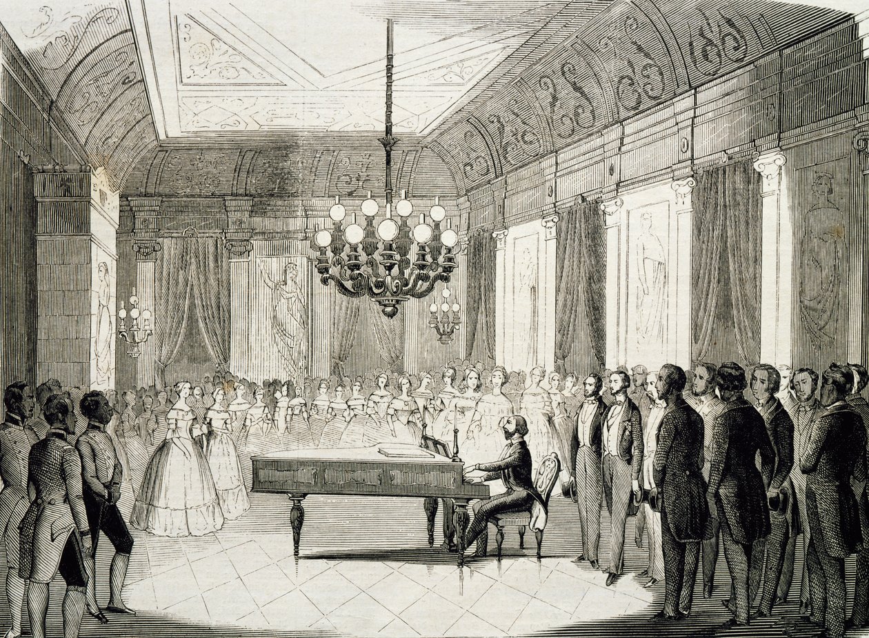 Noite musical com piano, de Achille Deveria (1800-1857), gravura, França 作： アキレ・デベリア