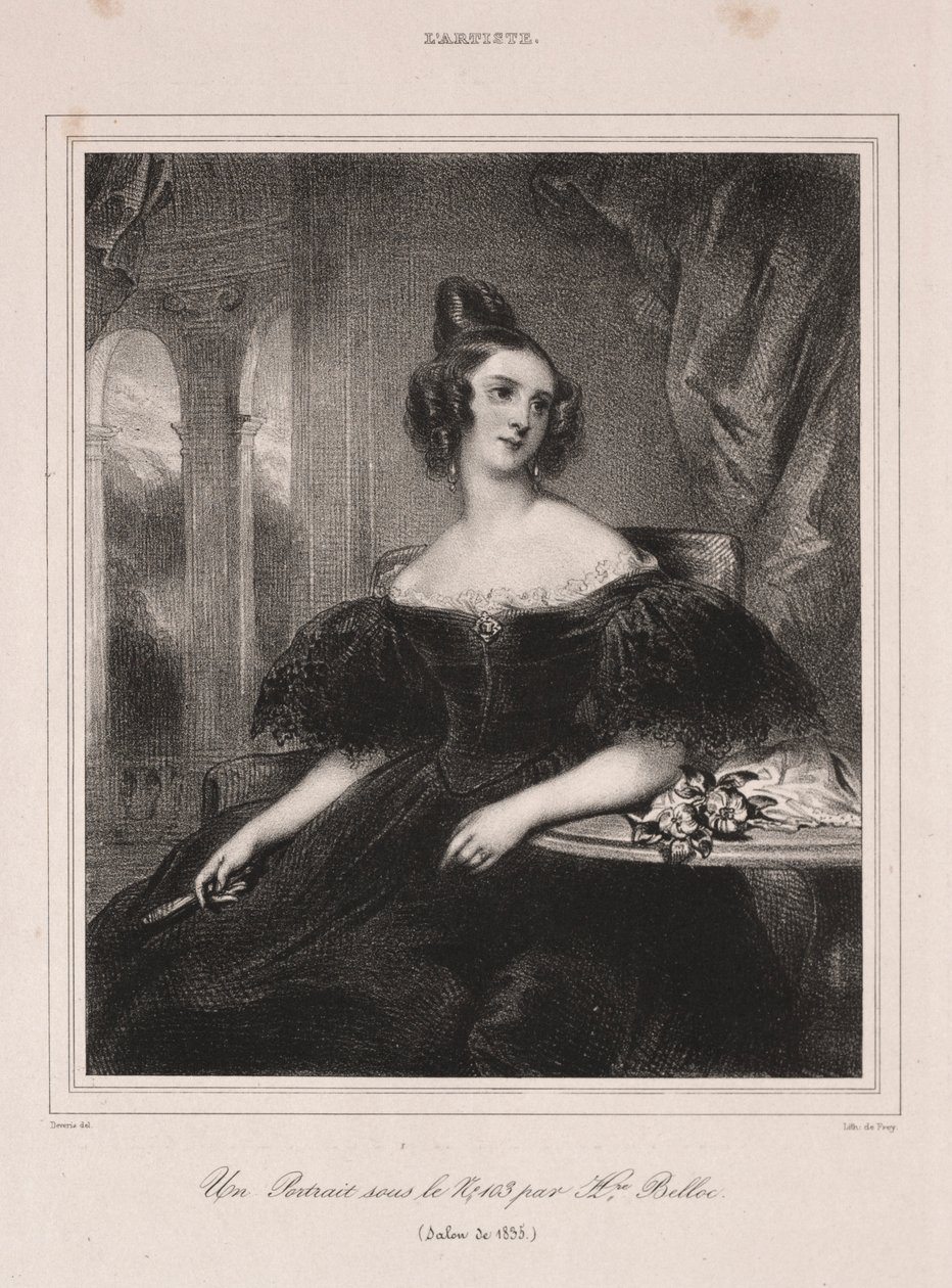 1835年、テーブルに座ったファンを持つ若い女性。 作： アキレ・デベリア