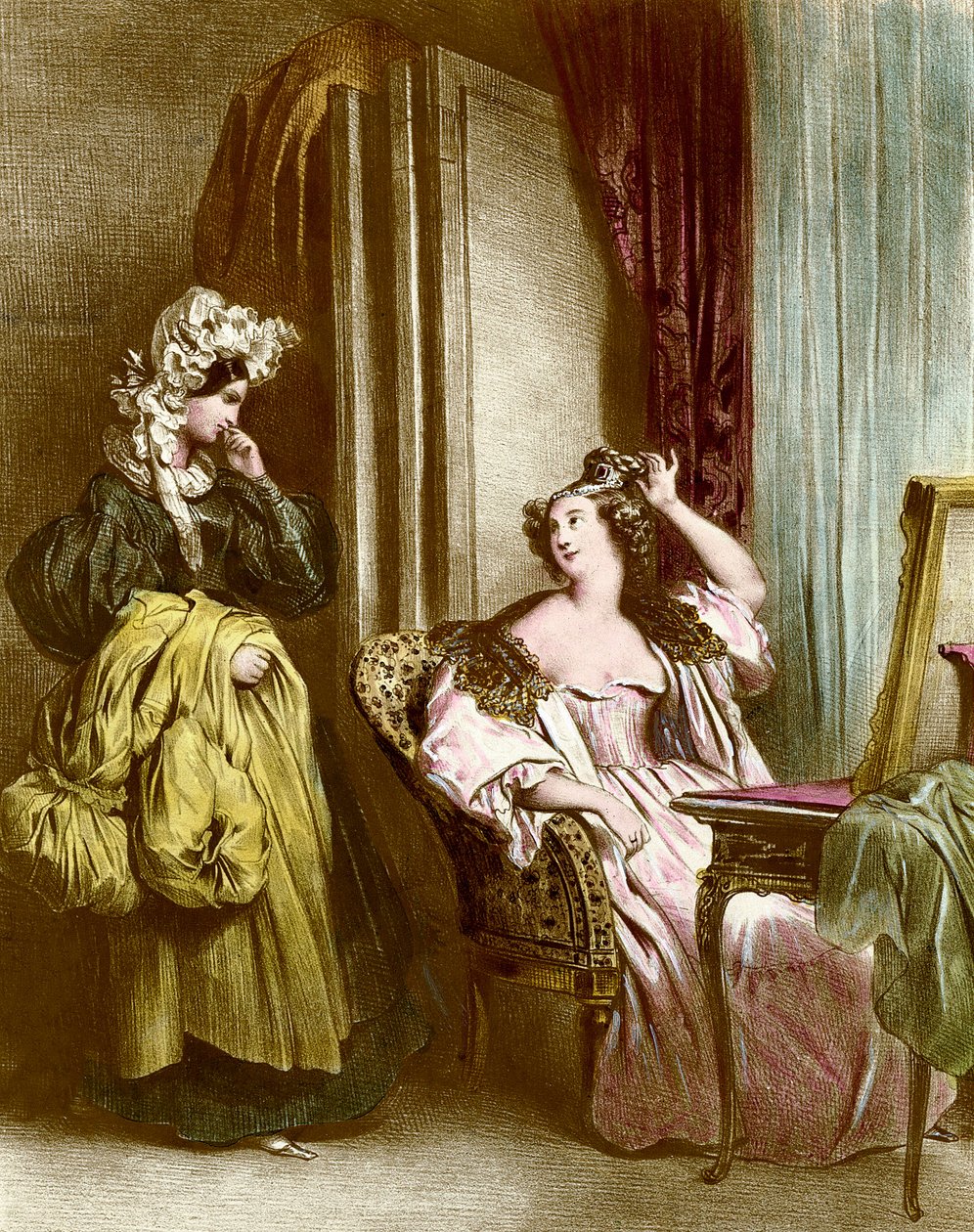 トイレ：侍女を連れた優雅な若い女性 アキレス・デヴェリア（1800-1857）によるリトグラフ 19世紀 コレクション・パルティキュリエール 作： アキレ・デベリア