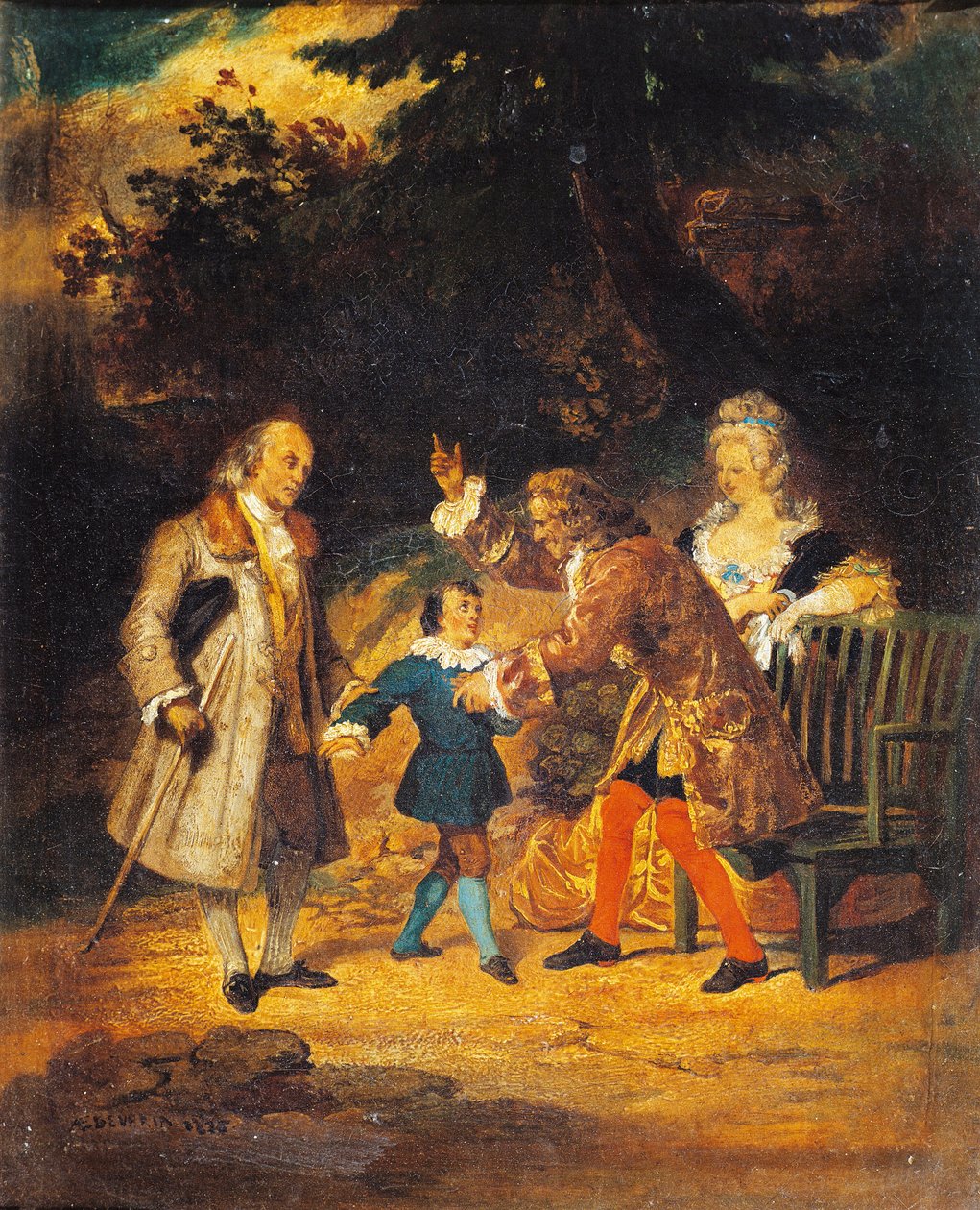 フランクリン（1706-1790）と甥を迎えるヴォルテール（1694-1778） 作： アキレ・デベリア