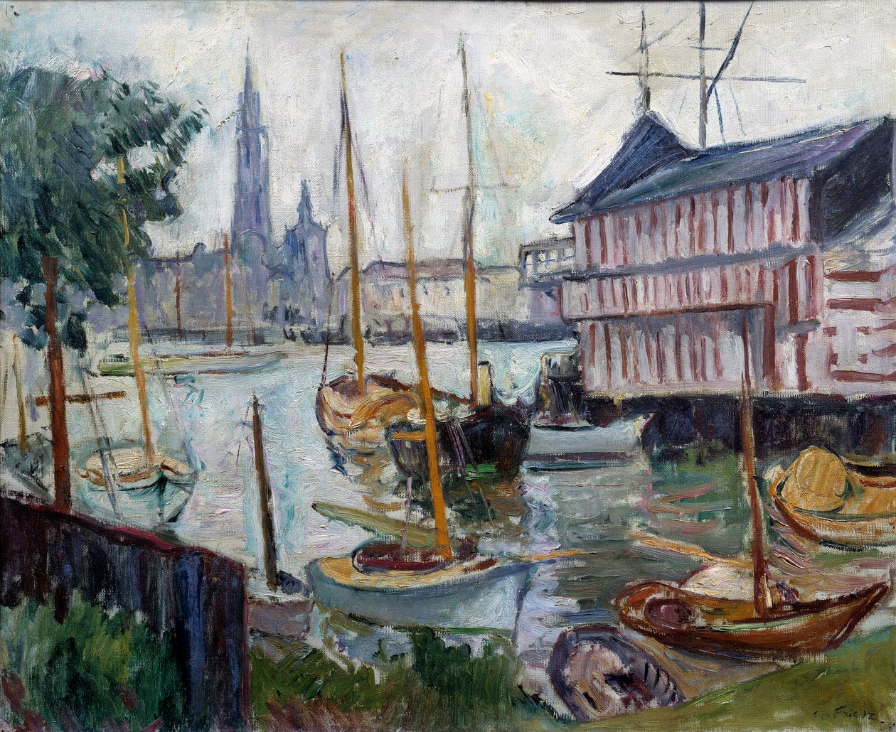漁船のある池 Achille-Emile (Achille Emile) Othon Friesz (1879-1949) の絵画 20 世紀 Le Havre、Musee des Beaux Arts 作： アキレエミールオトンフリエス