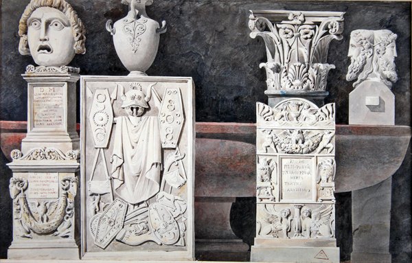 古代彫刻の断片（グラファイト、ウォッシュ、紙に水彩） 作： アキレ・フランソワ・レクレア
