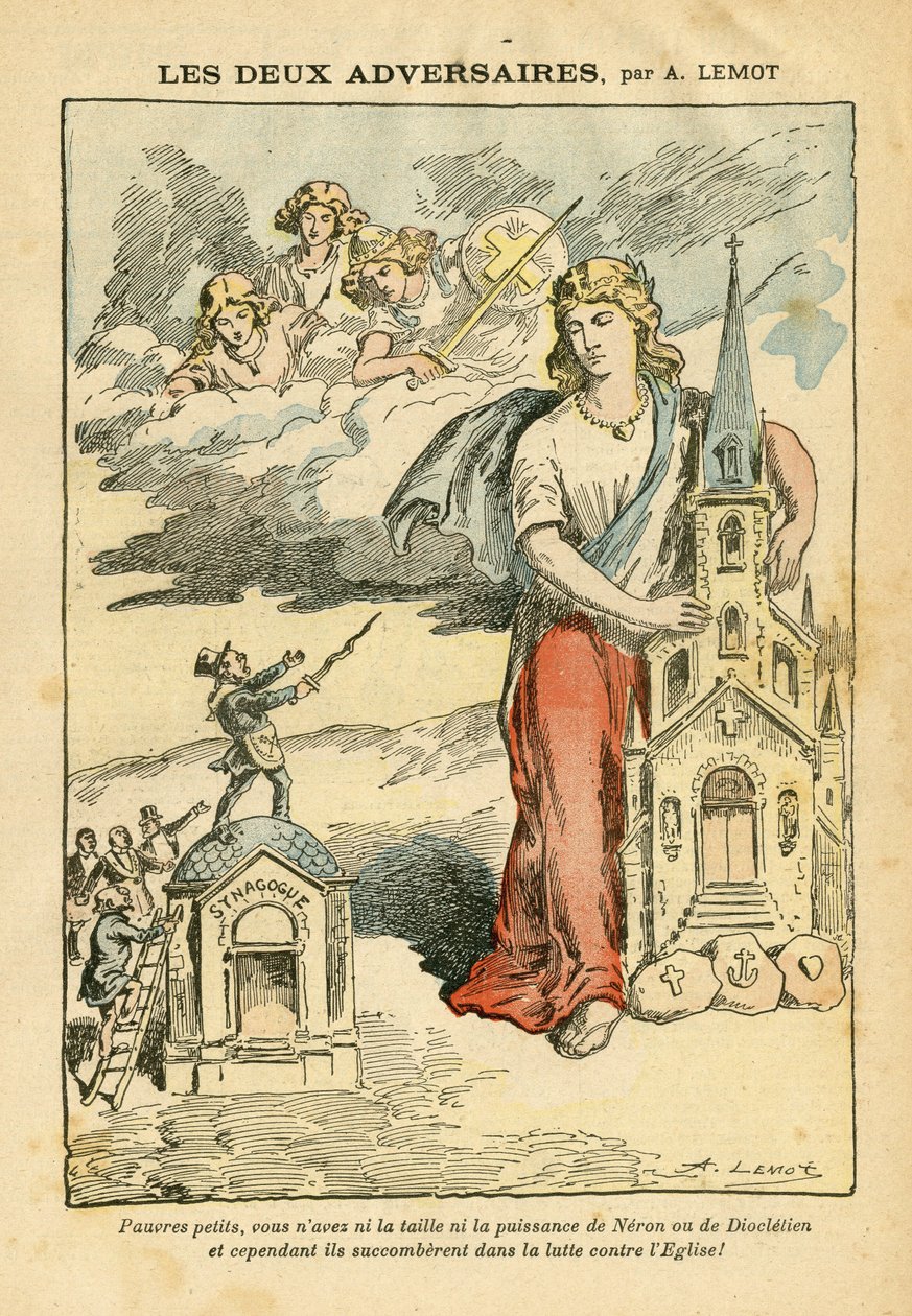Achille Lemot (1846-1909)によるイラスト（Le Pelerin, 09/09/06） - 二人の敵 - 反ユダヤ主義, 宗教 信仰, 三色旗, カテドラル教会, シナゴーグ, カトリックカトリック - 寓意, 縮尺の変更 作： アキレ・レモット