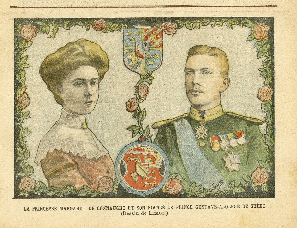 Achille Lemot (1846-1909)によるイラスト（Le Pelerin, 21/05/05） - Princess Margaret of Connaught and her fiance Prince Gustave-Adolphe of Sweden - Monarchy, Medal, Foreign Sovereign, Sweden - De Connaught Margaret (1882-1920), Gustave IV Adolphe of Swede 作： アキレ・レモット