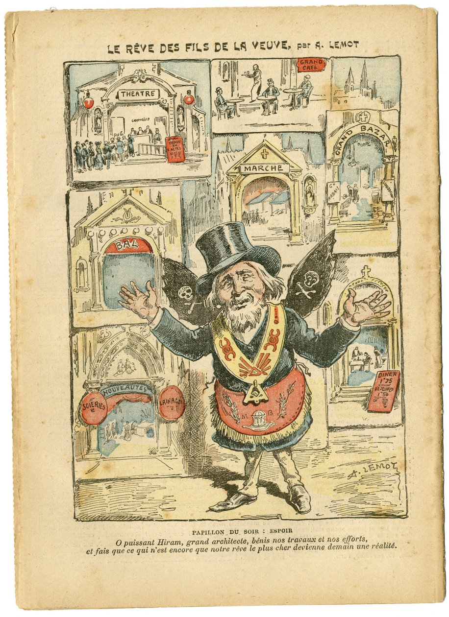 Achille Lemot (1846-1909)によるイラスト（Le Pelerin, 23/09/06） - 未亡人の息子たちの夢 - 反軍国主義, 宗教 信仰, 教会 Cathedralales, Catholic カトリック - 宗教的空間のライシゼーション, Laicisation Laicite 平行法 - Hiram 作： アキレ・レモット