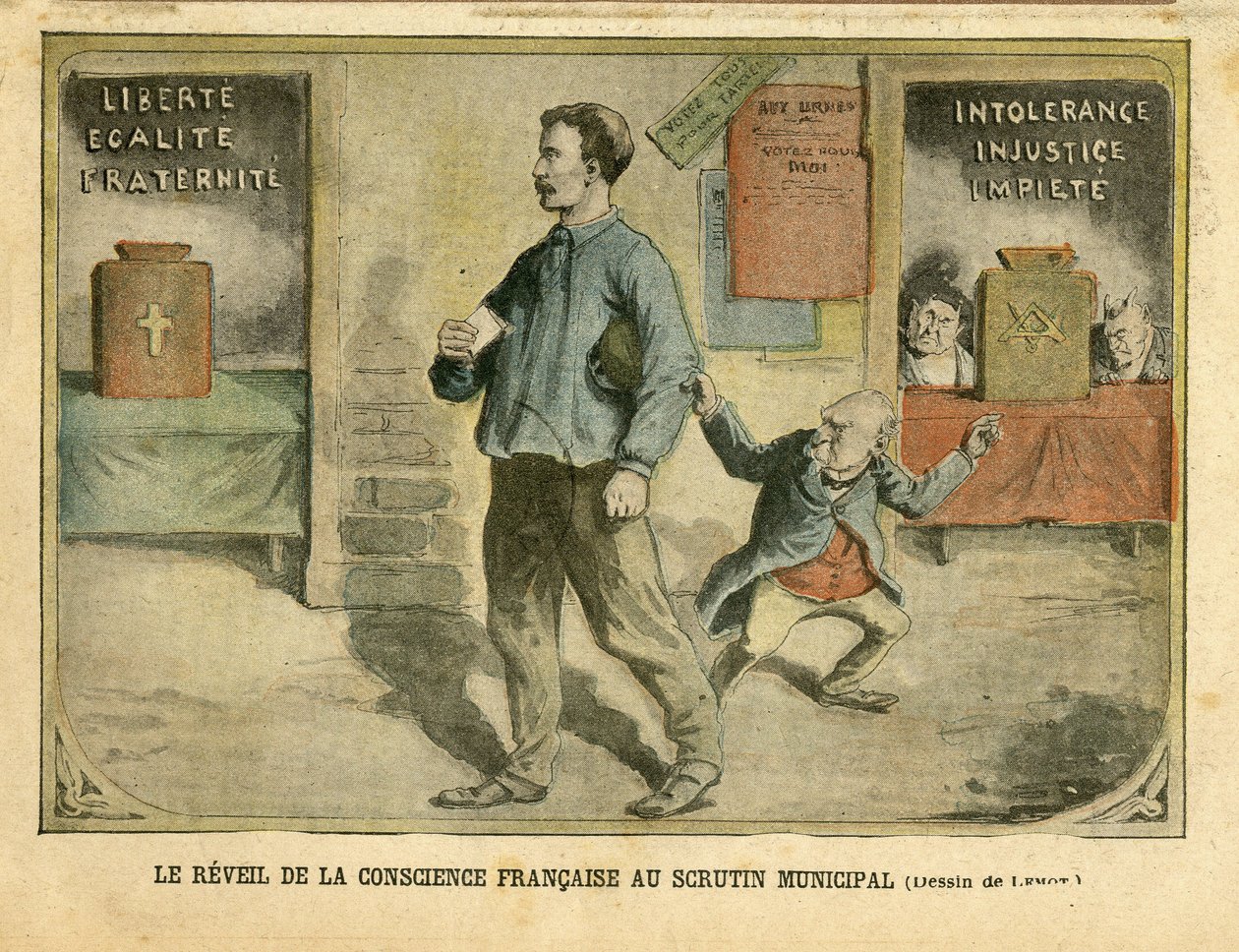 Achille Lemot (1846-1909)のイラスト（Le Pelerin, 01/05/04） - Le awakening de la conscience francaise au vote municipal - Elections, Religion Faith, Bloc des lefts, Catholicism Catholique - Laicisation Laicite Lois laiques - Combes Emile (1835-1921) 作： アキレ・レモット
