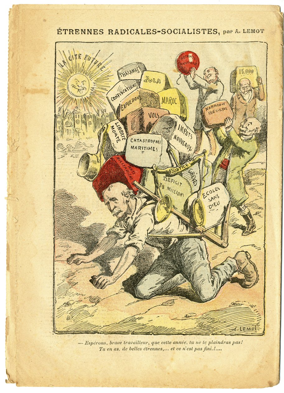Achille Lemot (1846-1909)のイラスト（Le Pelerin, 03/01/09） - 急進的社会主義者の紐帯 - 急進主義、教育、宗教 信仰、モロッコ、無神論、急進的および急進的社会主義党、カトリック カトリック - Laicisation Laicite Laiques - Clemenceau Geo 作： アキレ・レモット