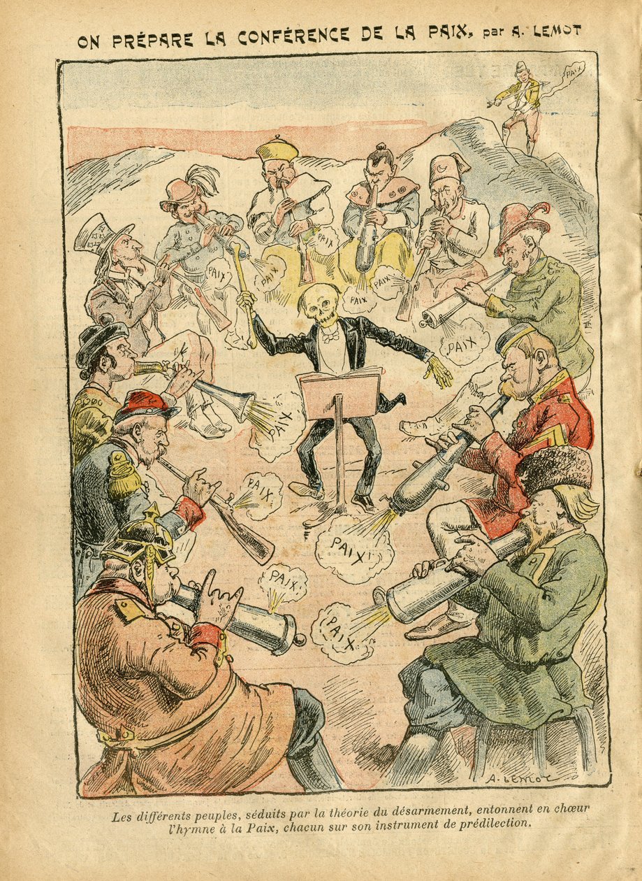 Achille Lemot (1846-1909)のイラスト（Le Pelerin, 03/02/07） - 平和会議の準備 - ロシア, ドイツ プロイセン, アジア, 音楽, アメリカ 米国, イギリス 英国, 東, ヨーロッパ, イタリア, 中国, カノン, シェル, 平和, ダンス, フランス, 軍縮 作： アキレ・レモット