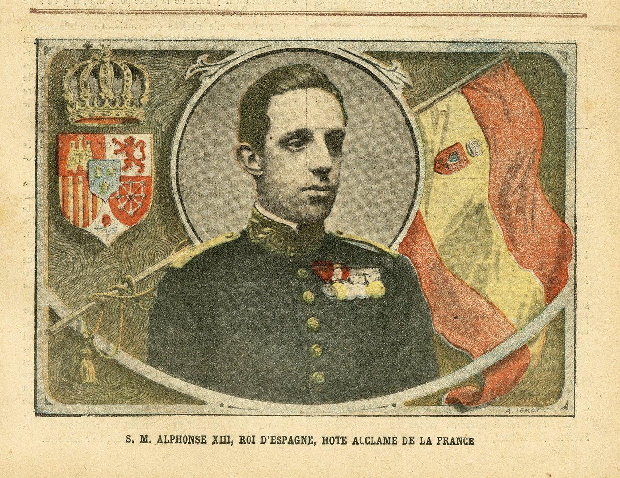 Achille Lemot (1846-1909)のイラスト、Le Pelerin, 04/06/05 - スペイン国王アルフォンソ13世陛下、フランスのHote Acclame - スペイン, 君主制, 国旗, 外国の主権者 - Alfonso XIII 作： アキレ・レモット