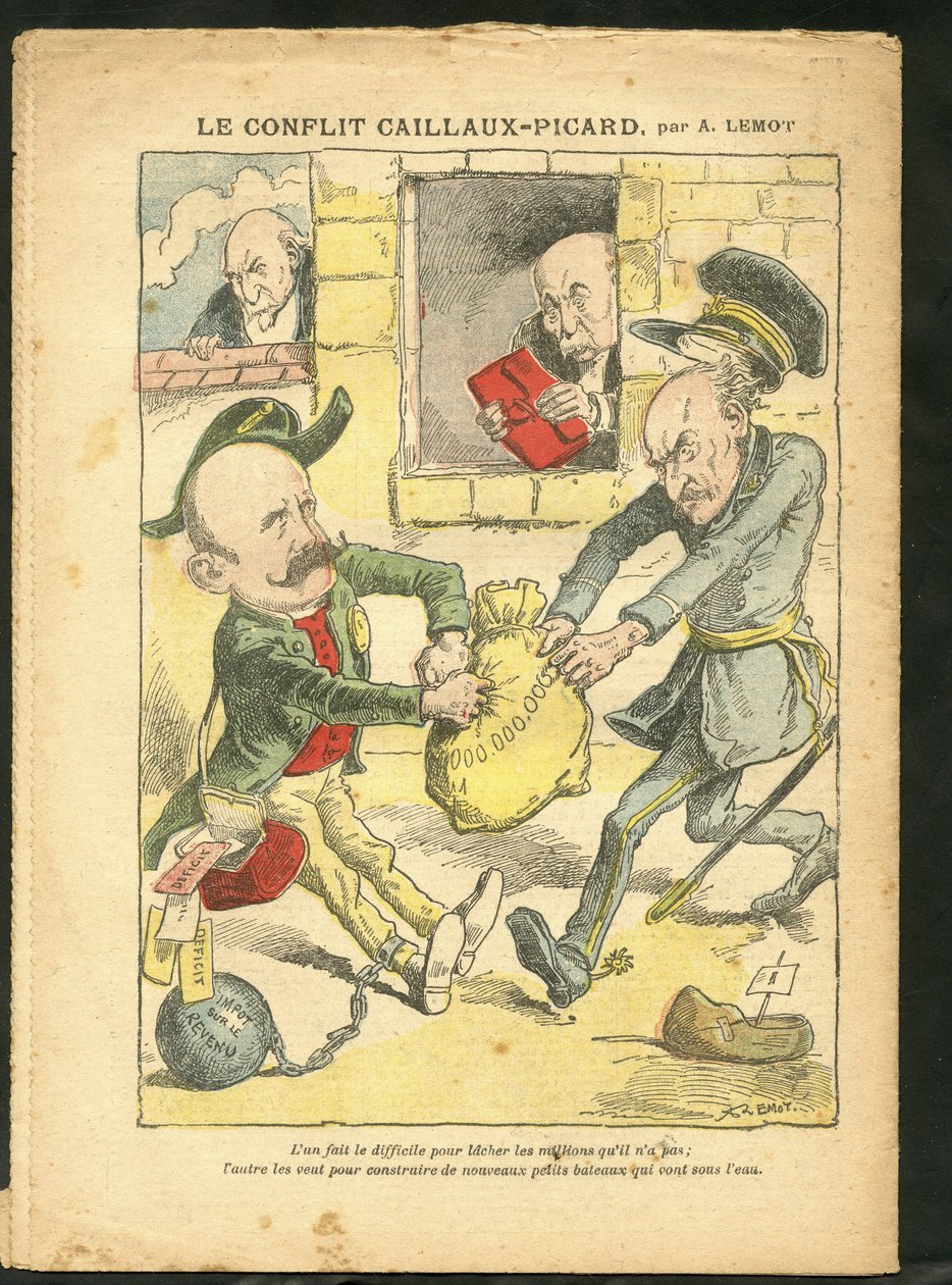 Achille Lemot (1846-1909)のイラスト（Le Pelerin, 07/03/09） - Caillaux-Picardの対立 - 税制、所得税 - Combes Emile (1835-1921), Clemenceau George, Caillaux Joseph (1863-1944) 作： アキレ・レモット