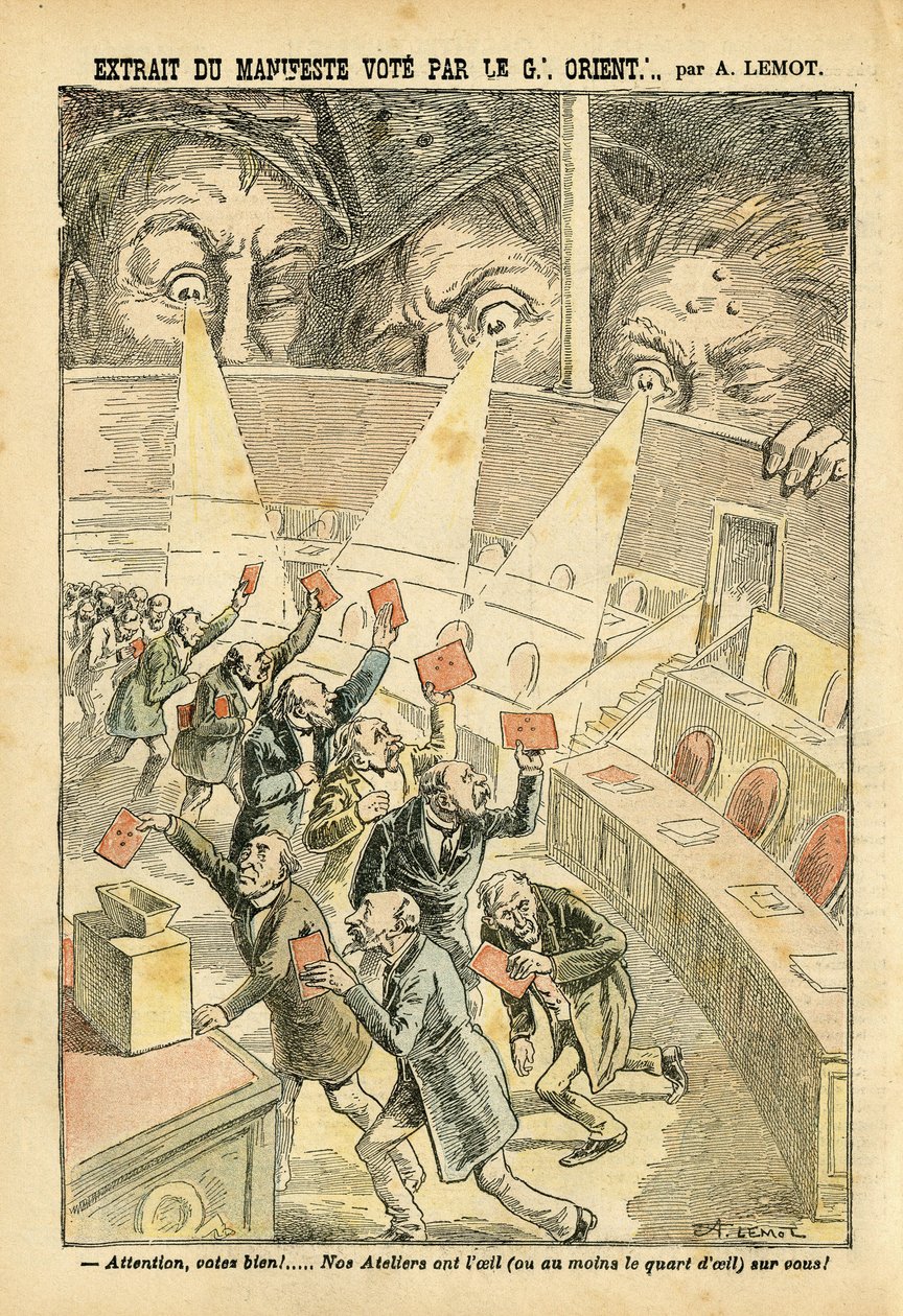 Le Pelerin, 20/11/04に掲載されたAchille Lemot (1846-1909)のイラスト - 大東洋のマニフェスト投票からの抜粋 - Antimaconism Freemaking, Great Orient of France - Urn 作： アキレ・レモット