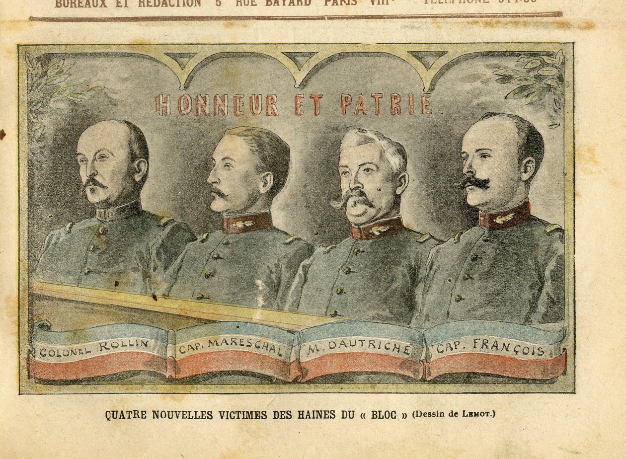 Le Pelerin, 20/11/04に掲載されたAchille Lemot (1846-1909)のイラスト - Bloc憎悪の4人の新たな犠牲者 - Armee, Affaire des fiche, Patriotisme - Rollin colonel, Mareschal captain, Dautriche, Francois captain。 作： アキレ・レモット