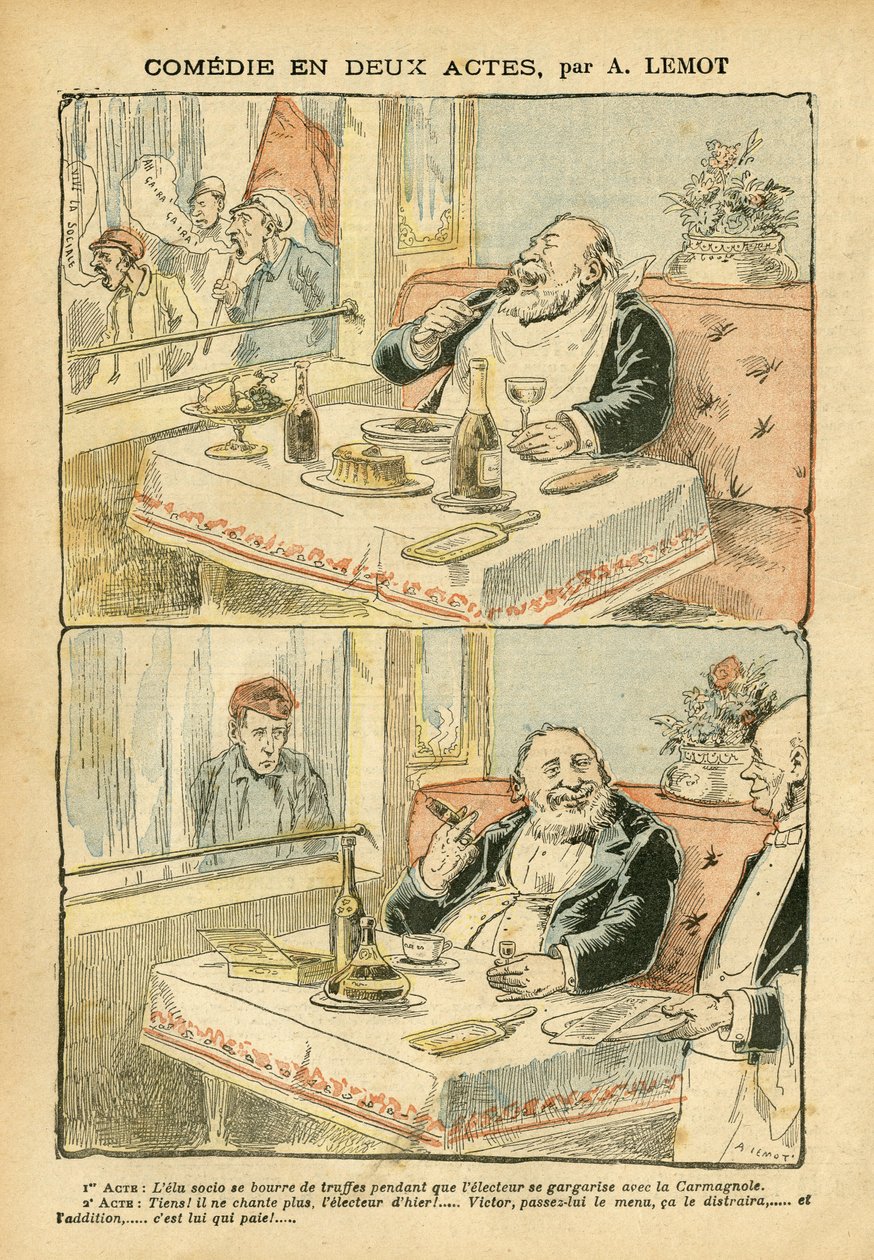 Achille Lemot (1846-1909)のイラスト（Le Pelerin, 22/05/04） - 二幕構成の喜劇 - レストラン・カフェ、ガストロノミー料理、社会主義 - カフェの少年たち、トリュフ - 脂肪/汚れ 作： アキレ・レモット