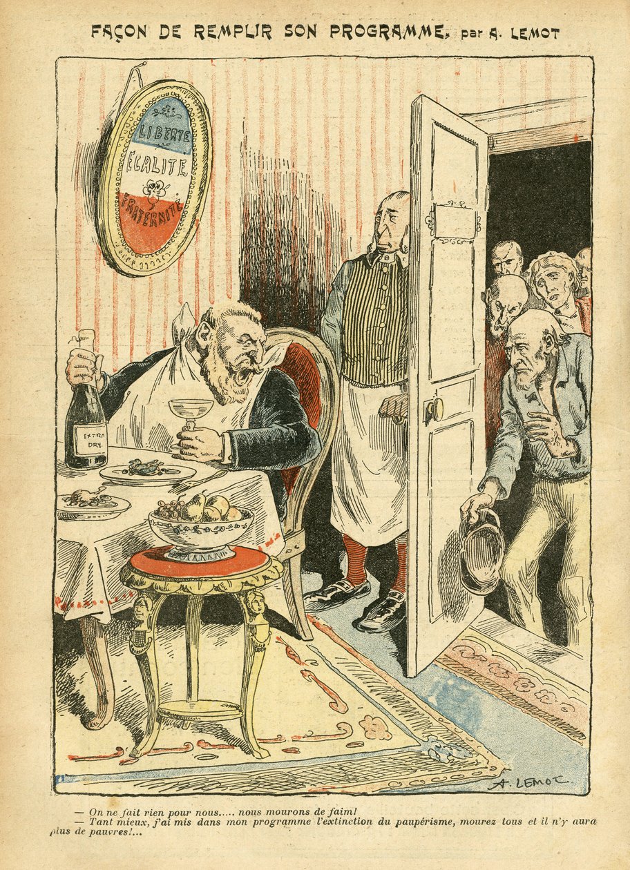Le Pelerin, 23/07/05に掲載されたAchille Lemot (1846-1909)のイラスト - 彼のプログラムを実現する方法 - 社会的、Misere、ガストロノミーの料理人、社会主義 - Jaures Jean, Depute, Homemans - 食のメタフォア、対立・連合体 作： アキレ・レモット