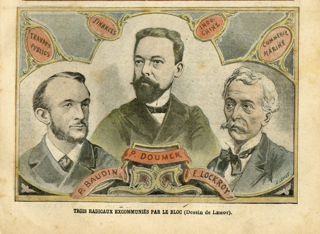 Le Pelerin, 23/10/04に掲載されたAchille Lemot (1846-1909)のイラスト - 3人の急進派がBlocによって破門される - 財政予算、共和国大統領、海事海洋航海、インドシナ、公共事業 - Doumer Paul (1857-1932), 作： アキレ・レモット