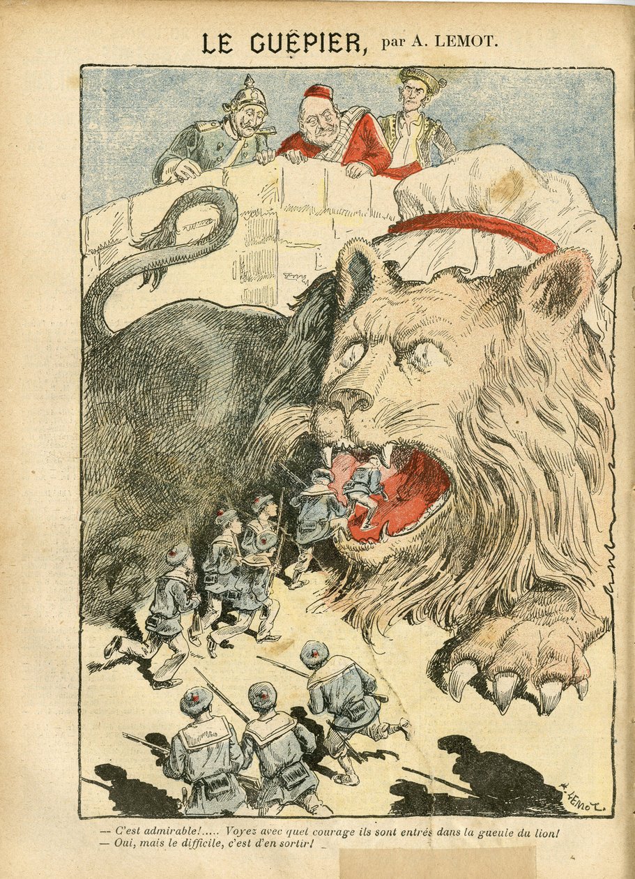 Achille Lemot (1846-1909) のイラスト（Le Pelerin, 25/08/07） - Le Guepier - 戦争, ドイツ プロイセン, イギリス 英国, スペイン, 海上, 海辺 - 獅子/虎 作： アキレ・レモット