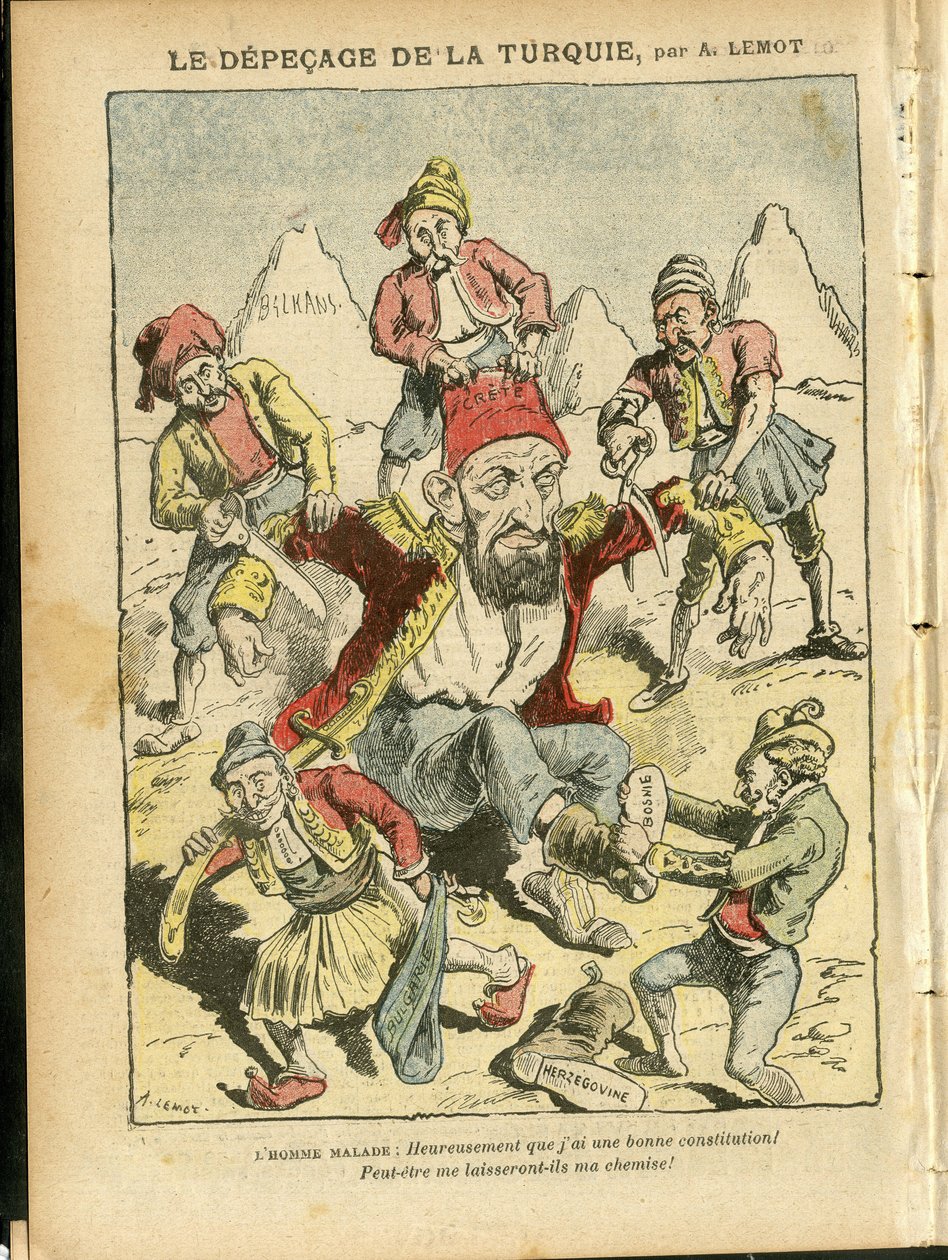 Achille Lemot (1846-1909)のイラスト（Le Pelerin誌、25/10/08） - The depecage of Turkey - トルコ, 宗教 信仰, バルカン半島, ブルガリア, ボスニア・ヘルツェゴビナ, クレタ島, カトリック カトリック教 - アブドゥル＝ハミド2世 (1842-1918) 作： アキレ・レモット