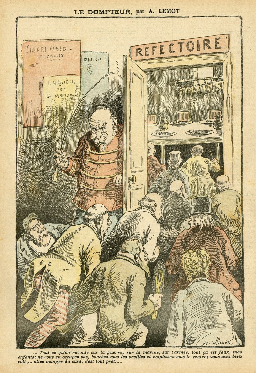 Achille Lemot (1846-1909)のイラスト（Le Pelerin, 27/03/04） - 飼い主 - レストラン カフェ, ガストロノミー 料理人 - Combes Emile (1835-1921), 飼い主 - 食べ物のメタフォア 作： アキレ・レモット