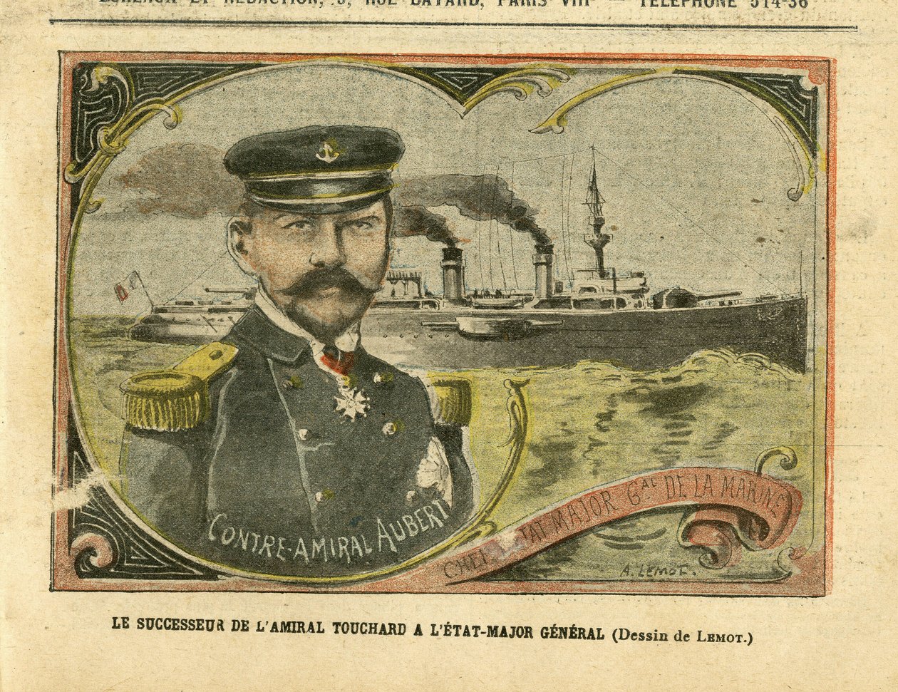 Achille Lemot (1846-1909)のイラスト（Le Pelerin, 27/08/05） - Touchard提督の後継者としての参謀本部 - Armee, Marine Marine Balneaire, Staff, Warships - Admiral 提督, Aubert Marie Jacques Charles (1848-1915), Touchard Philippe (18 作： アキレ・レモット