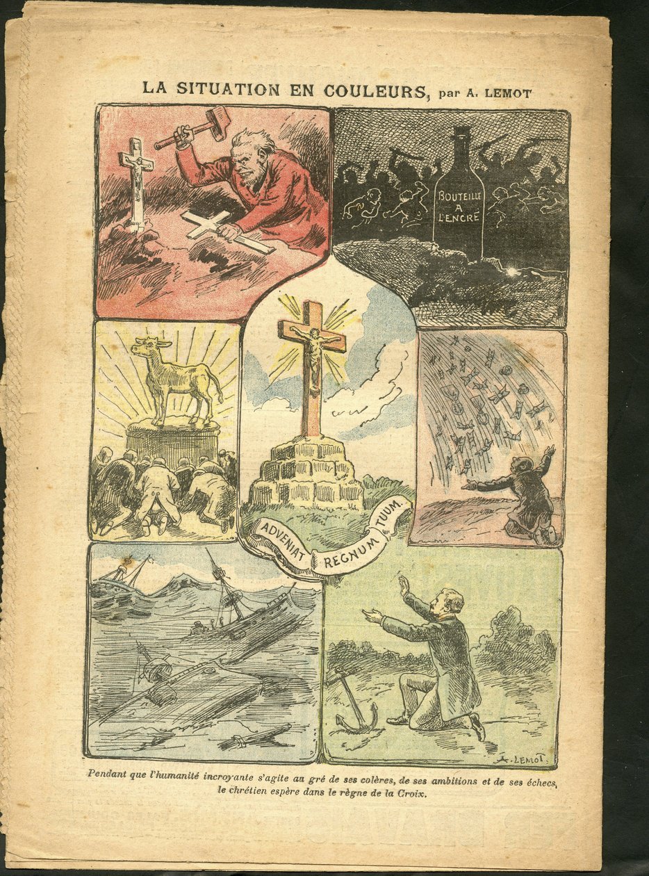 Achille Lemot (1846-1909)のイラスト（Le Pelerin, 28/02/09） - カラーで見る状況 - 宗教 信仰, 海上・海辺, 無神論, 事故・災害・天災, キリスト教の十字架, カトリック - 金の子牛 作： アキレ・レモット