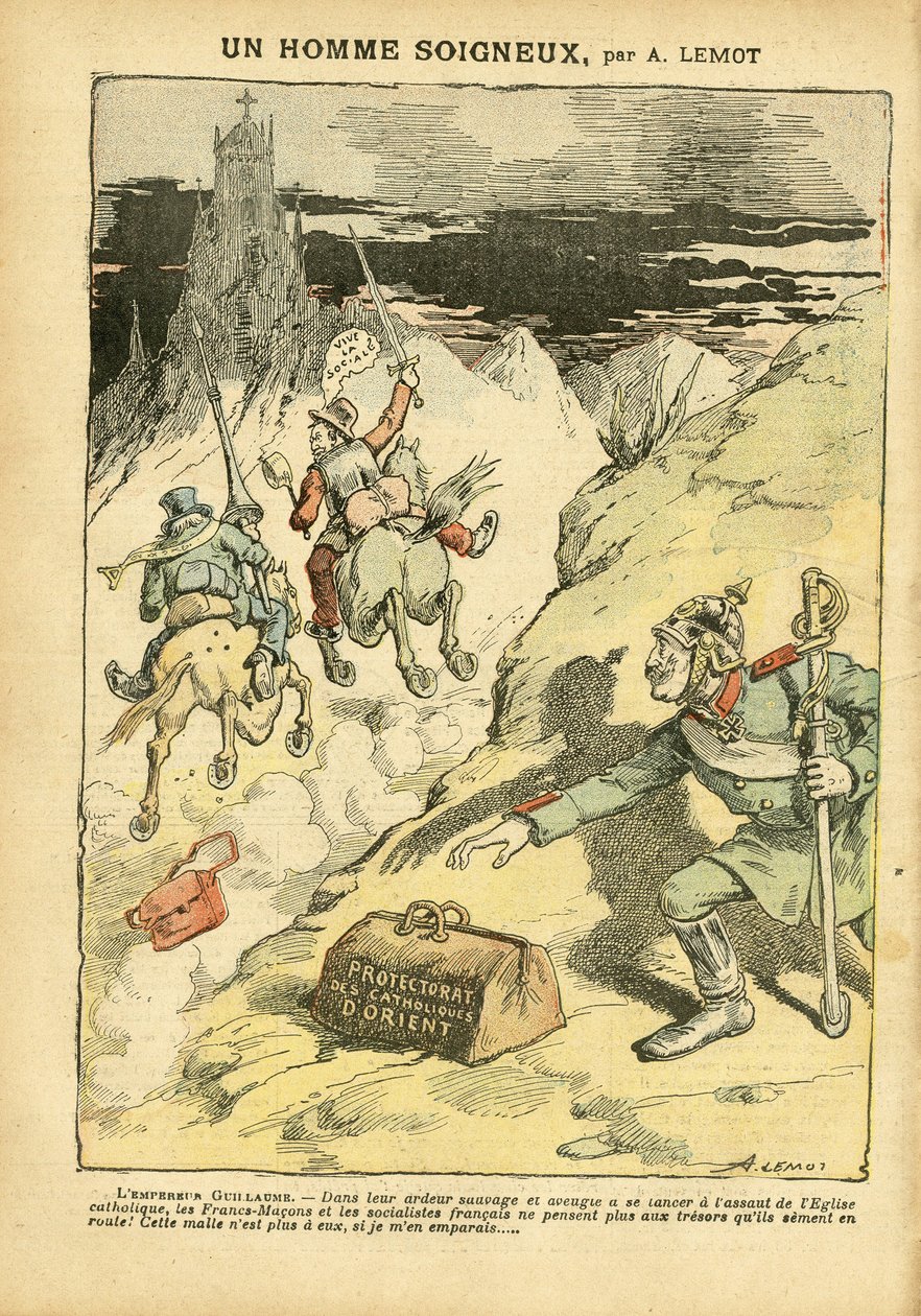 28/05/05のLe Pelerinに掲載されたAchille Lemot (1846-1909)のイラスト - A Careful Man - 反角主義, 社会, 植民地化 植民地主義, フランコ・メーコニズム, 東洋, 宗教 信仰, 左翼ブロック, 社会主義, 東方カソリックの保護国, カトリックの猫 作： アキレ・レモット