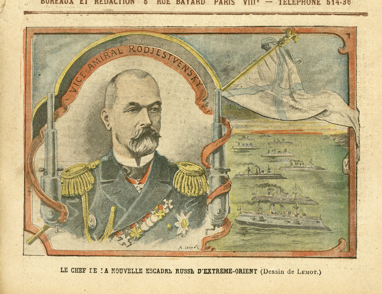 Achille Lemot (1846-1909)のイラスト（Le Pelerin, 30/04/05） - 新しいロシア極東艦隊のリーダー - ロシア, 軍隊, 海軍, 海岸, 軍艦 - 提督, ロジェストヴェンスキー（Zinovi Rozhestvensky）提督 作： アキレ・レモット