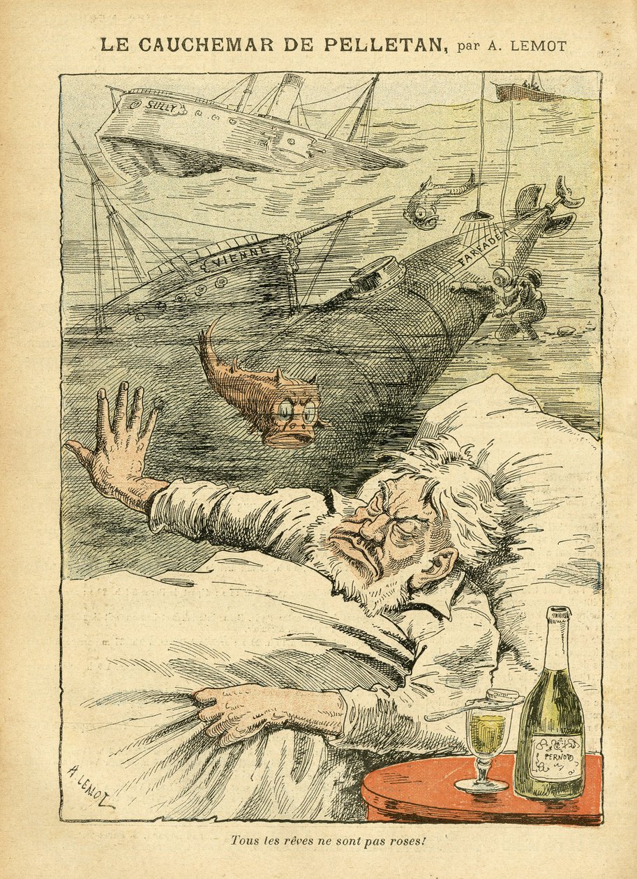 Achille Lemot (1846-1909)のイラスト（Le Pelerin, 30/07/05） - ペレタンの悪夢 - 様々な事実, 軍隊, 海上, 海辺, 潜水艦, 災害事故, アルコール アルコール, Farfadet, Sully, 軍艦 - 魚, ペレタン・カム 作： アキレ・レモット