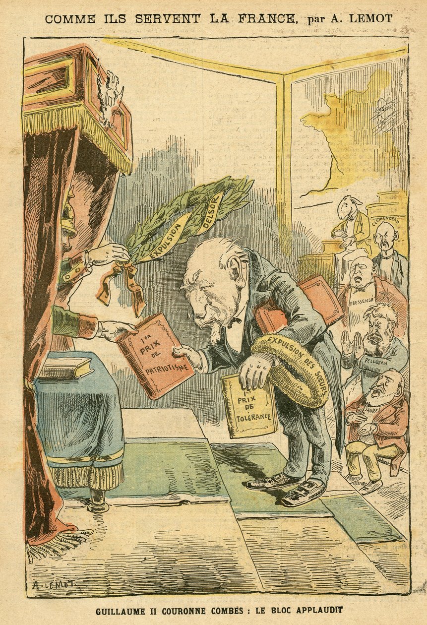 Le Pelerin, 31/01/04のAchille Lemot (1846-1909)のイラスト - フランスにどう仕えるか - ドイツ プロイセン, 宗教 信仰, 左翼ブロック, 愛国心, カトリック カトリシズム - 宗教者の立ち退き - Combes Emile (1835-1921), William II, Delsor Nicolas (18 作： アキレ・レモット