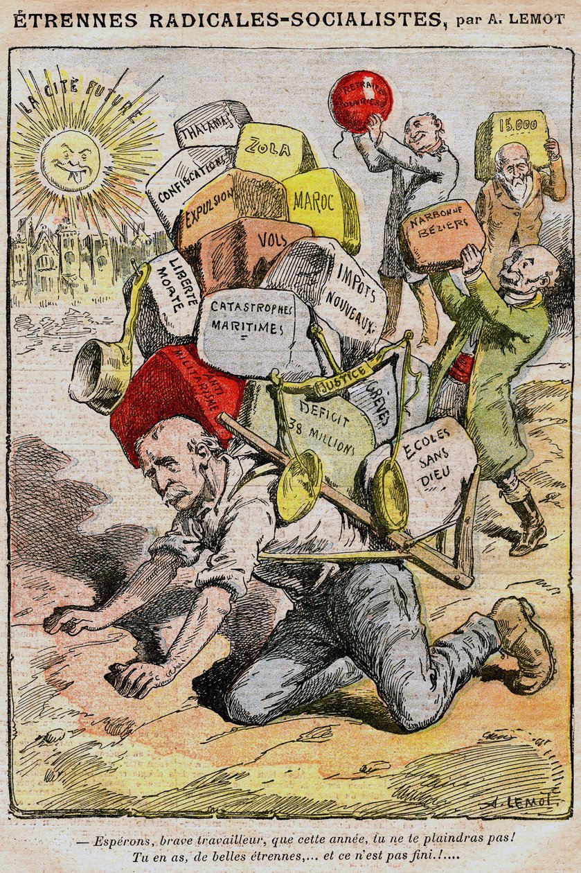 急進的社会主義者（社会主義急進派）：Achille Lemot（1846-1909）による「Le Pelerin」（1909年）に掲載された漫画-政府とGeorges Clemenceauの不始末に起因する税金、税、不便の重荷を背負って倒れている労働者-ストライキ、デモ。 作： アキレ・レモット