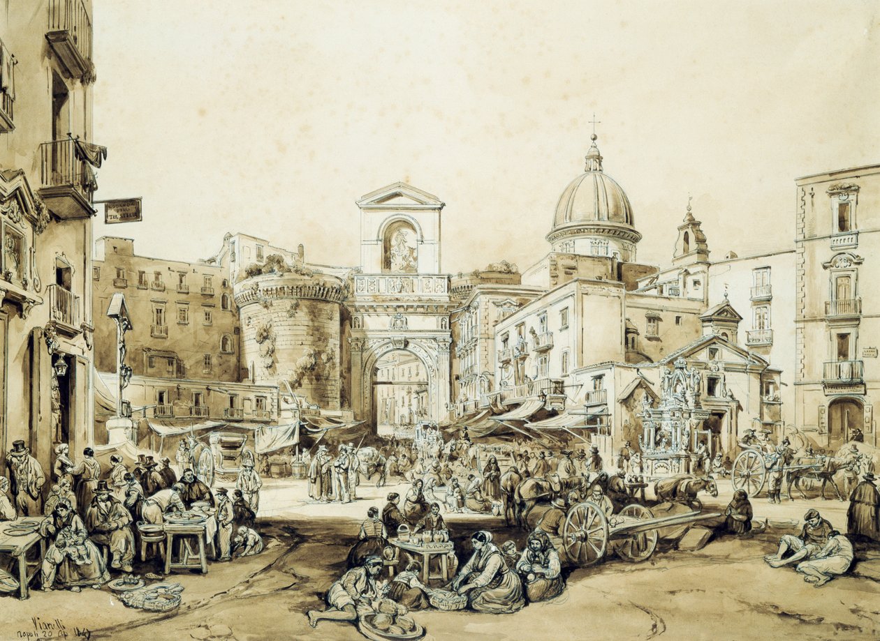ナポリのポルタ カプアーナ、Achille Vianelli (1803-1894) 作、セピア色、43x60.5 cm 作： アキレ・ビアネッリ