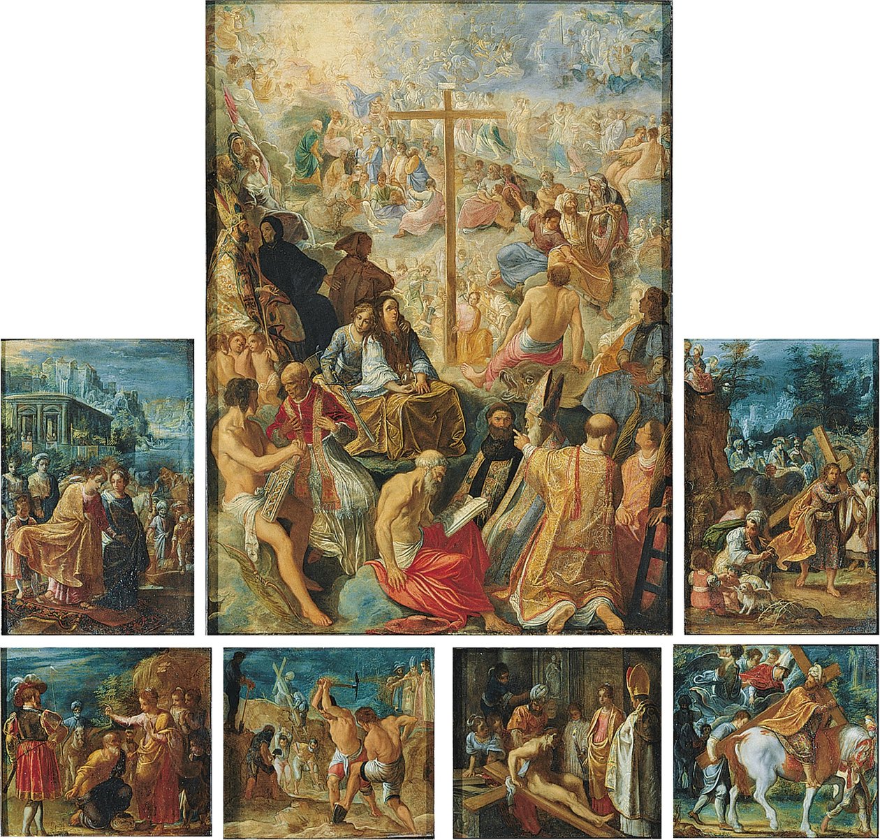 ドイツ語：Der Frankfurter Kreuzaltar (Die Auffindung und Verherrlichung des Wahren Kreuzes) フランクフルトの聖十字架祭壇画 作： アダム・エルスハイマー