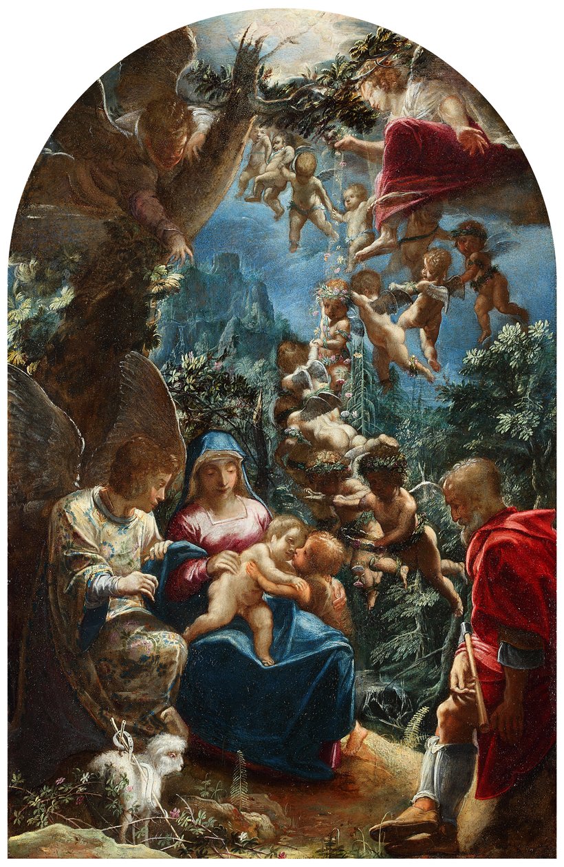 イタリア語：Sacra famiglia con san giovannino e un angelo 幼子洗礼者ヨハネと天使のいる聖家族 作： アダム・エルスハイマー