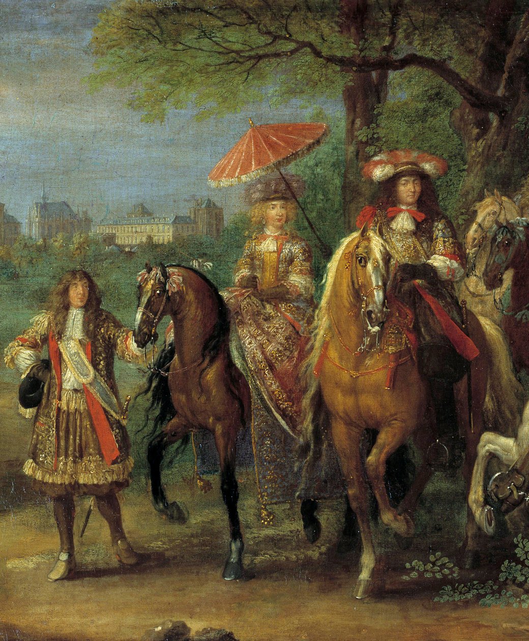 1669年、ヴァンセンヌ城の前を歩く国王ルイ14世（1638-1715）と王妃マリー=テレーズ（1638-1683） アダム・フランツ・ファン・デル・ミューレン（1632-1690）の絵画の詳細です。 作： アダム・フランス・ファン・デル・ミューレン