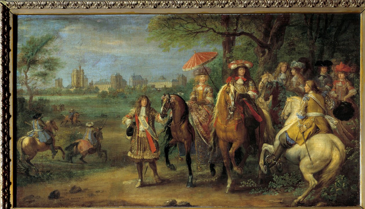 ヴァンセンヌ城の前を歩く国王ルイ14世（1638-1715）と王妃マリー=テレーズ（1638-1683） 1669年 アダム・フランツ・ファン・デル・ミューレン（1632-1690）画 作： アダム・フランス・ファン・デル・ミューレン