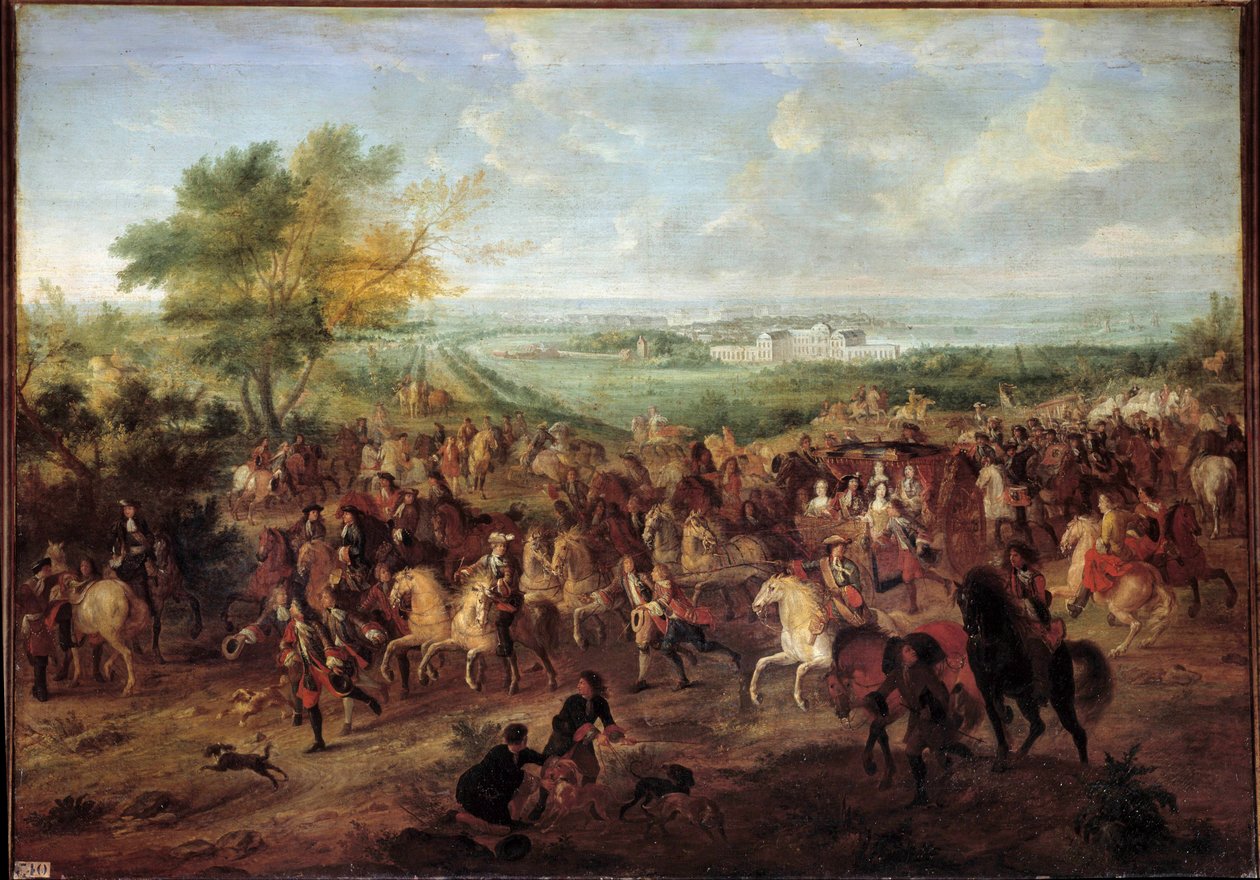 国王ルイ14世（1638-1715）、王妃マリー・テレーズ（オーストリア）、王太子ルイ、王太子妃がヴェルサイユのクラニー城の前を馬車で歩く様子 アダム・ファン・デル・ミューレン（1632-1690）の絵画 1680年頃 日1,4x1,9 作： アダム・フランス・ファン・デル・ミューレン