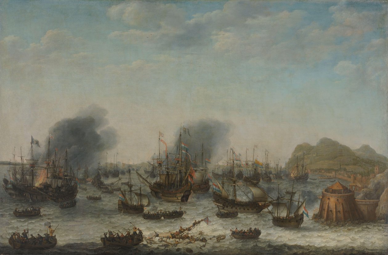 1607年4月25日、ヤコブ・ファン・ヘームスケルク提督指揮下のオランダ艦隊によるジブラルタルでのスペイン軍の敗北 作： アダムウィラールト（アーティストによる署名）