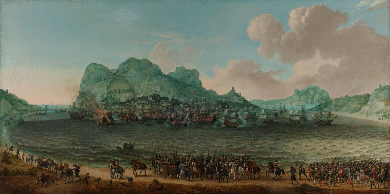 1607年4月25日、ヤコブ・ファン・ヘームスケルク提督率いる艦隊がジブラルタル付近でスペイン軍に勝利。 作： アダム・ウィラーツ