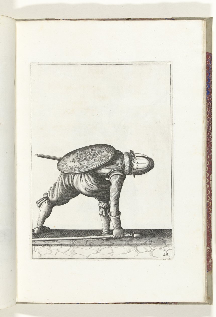 盾とスパイクを使った演習：スパイクを拾うためにかがむ兵士（No. 28）、1618 Nassausche Wapen-Handelinge、van Schilt、Spies、Rappier ende Targe : 人物によって描かれ、[の] 新しい秩序の後にポーズをとった (...) Maurits van Nassau (t 作： アダム・ファン・ブリーン